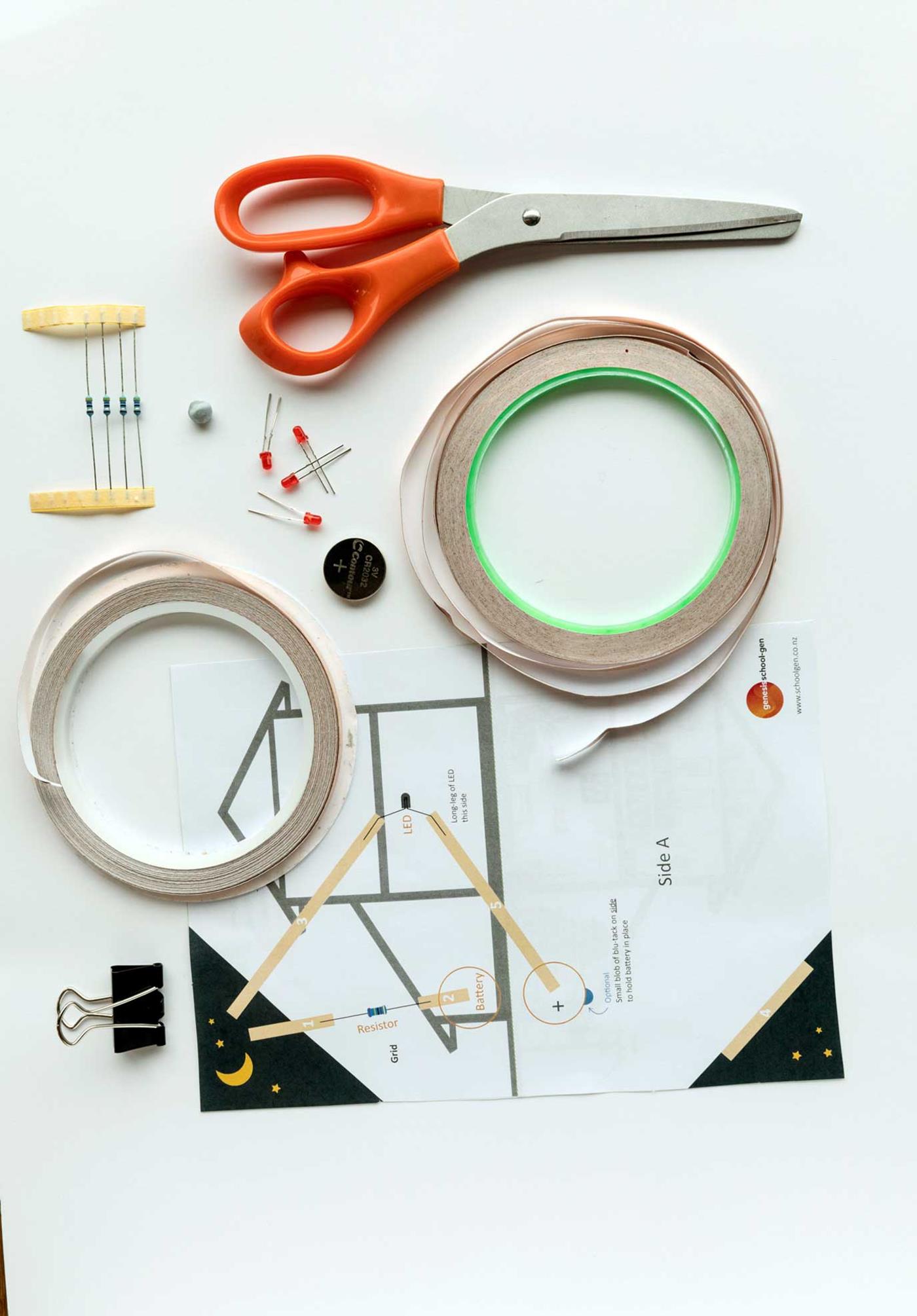 Aerial view of equipment required to make a paper circuit house