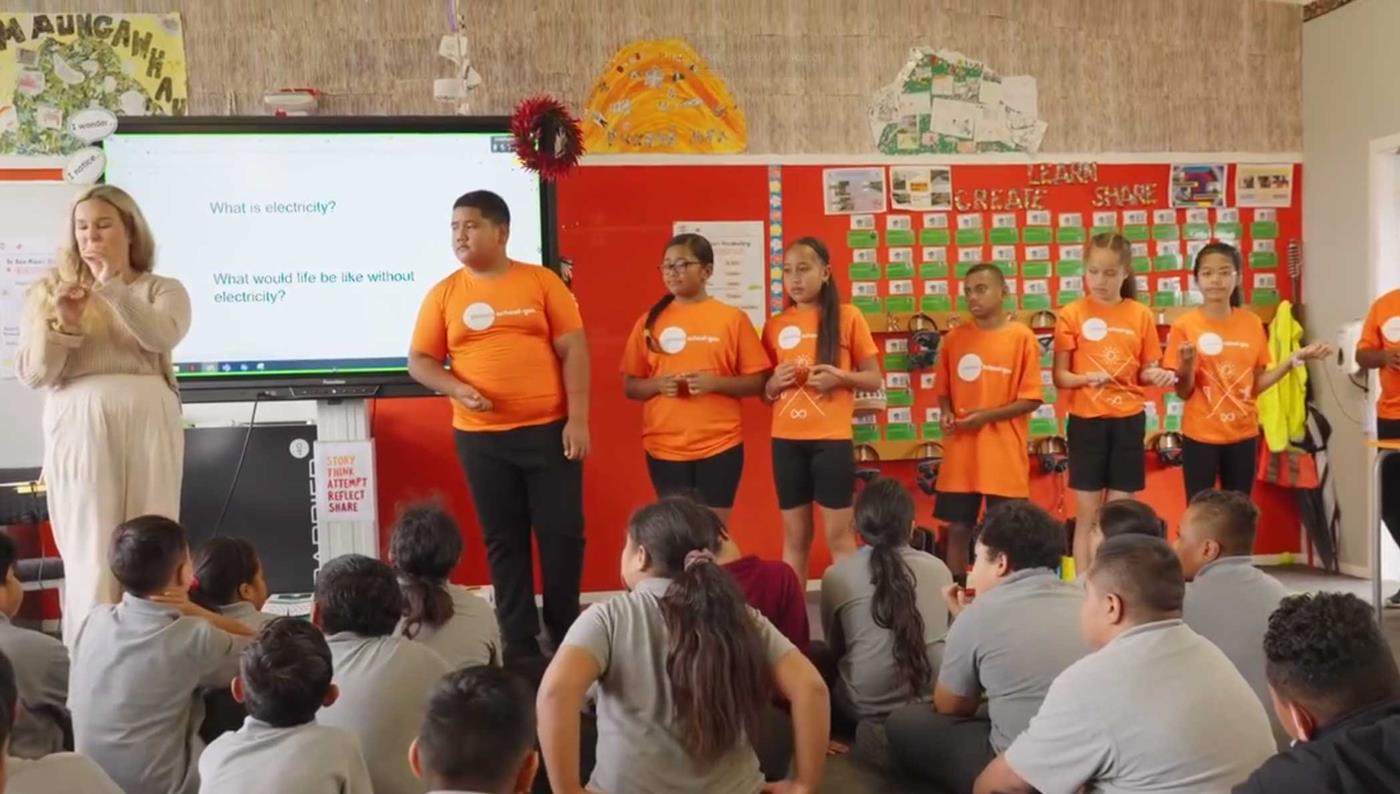 Teacher and students presenting in classroom